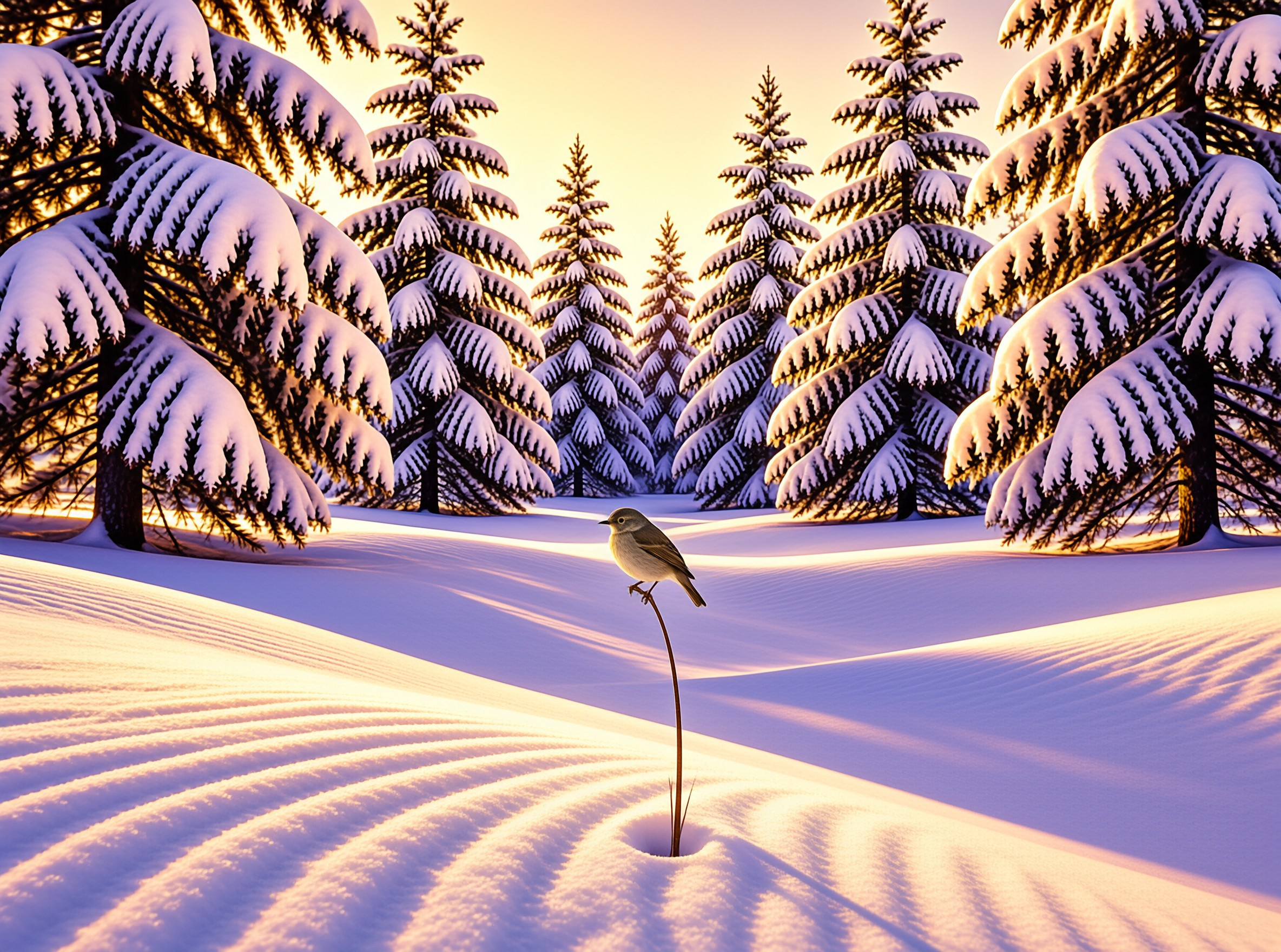 A tiny bird stands on a thin stem amidst deep snow while golden sunlight bathes the pine trees.