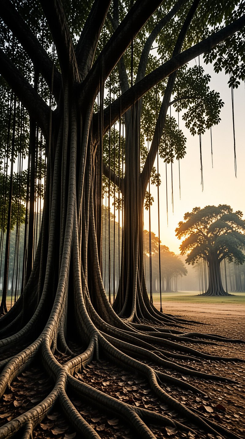 Massive aerial roots hang down to the forest floor as warm sunlight breaks through the misty trees in the distance.