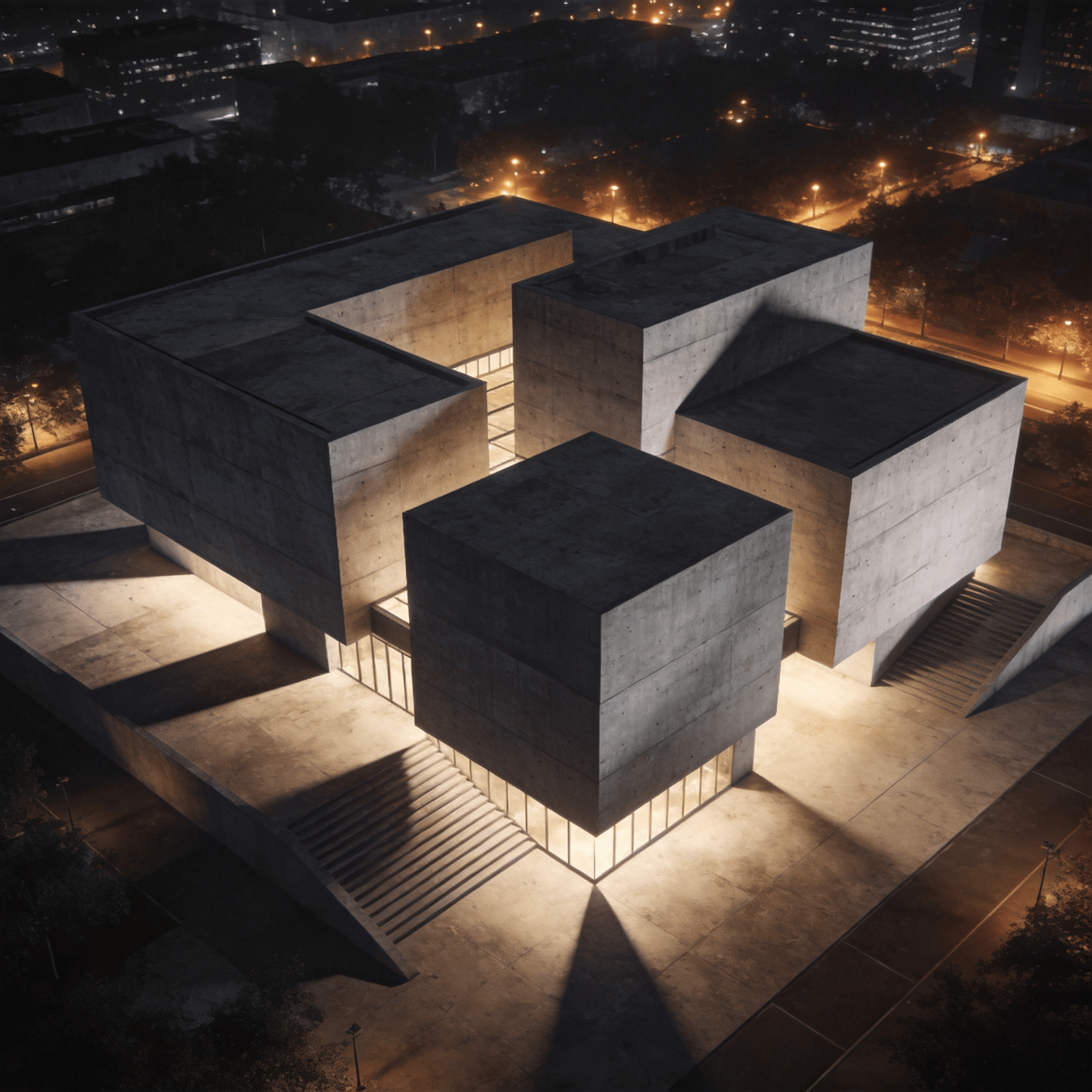 Museum with Brutalist Massing — Night With Warm Lights