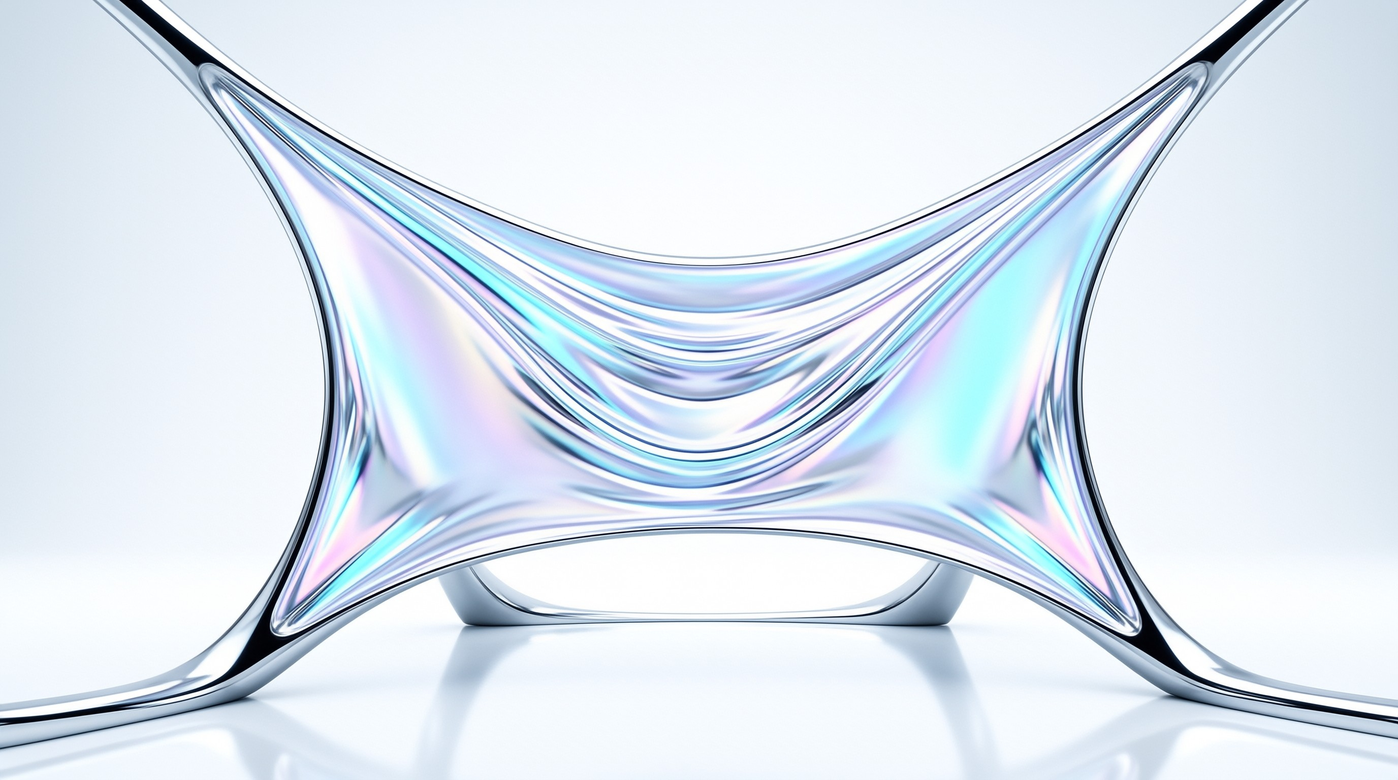 A shiny silver object with iridescent blue hues sits stretched across a white reflective floor.
