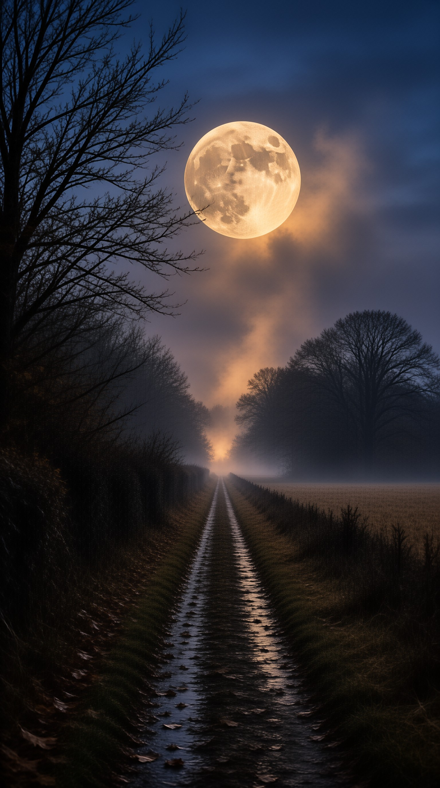 A large full moon hangs high in a dark blue sky above a straight wet path disappearing into fog.