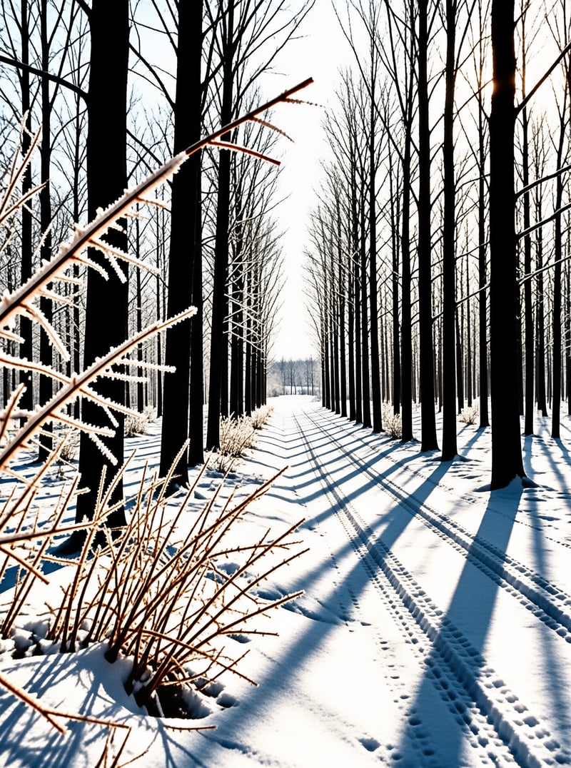 A snowy path winds through a forest of tall dark trees with long shadows cast by bright sunlight across the ground.