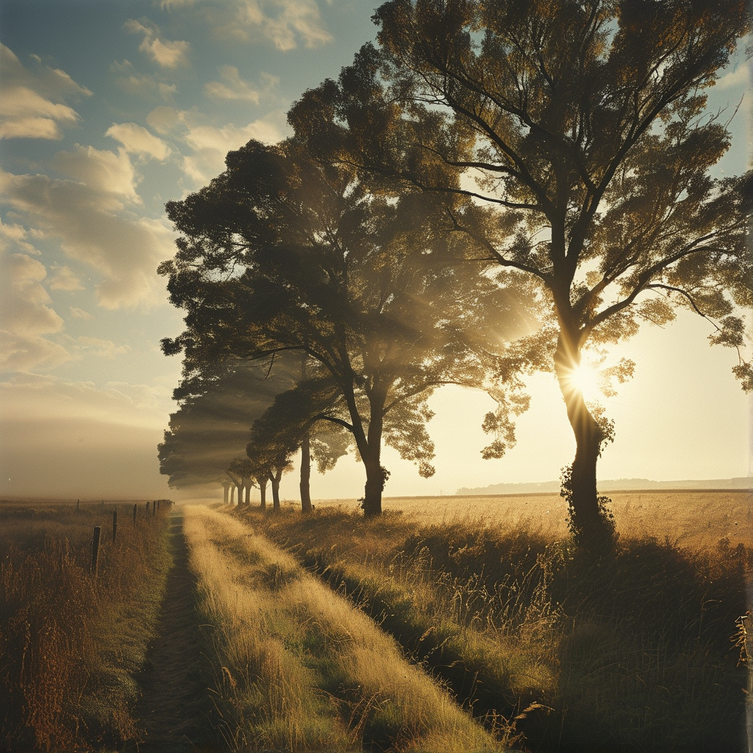 Sunlight filters through a row of large trees standing beside a grassy countryside lane during the golden hour.