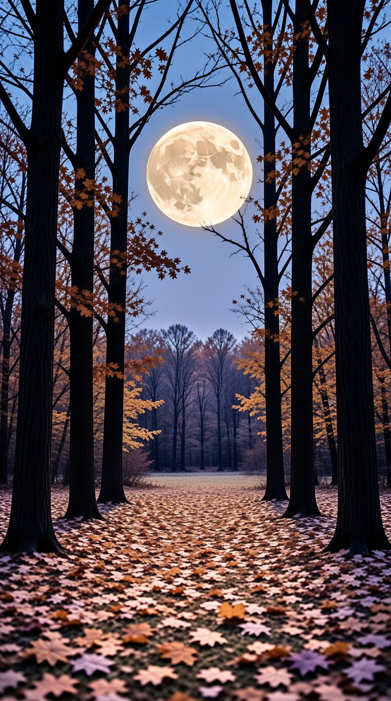 A large bright moon shines through tall dark trees covering an autumn forest floor with fallen leaves.