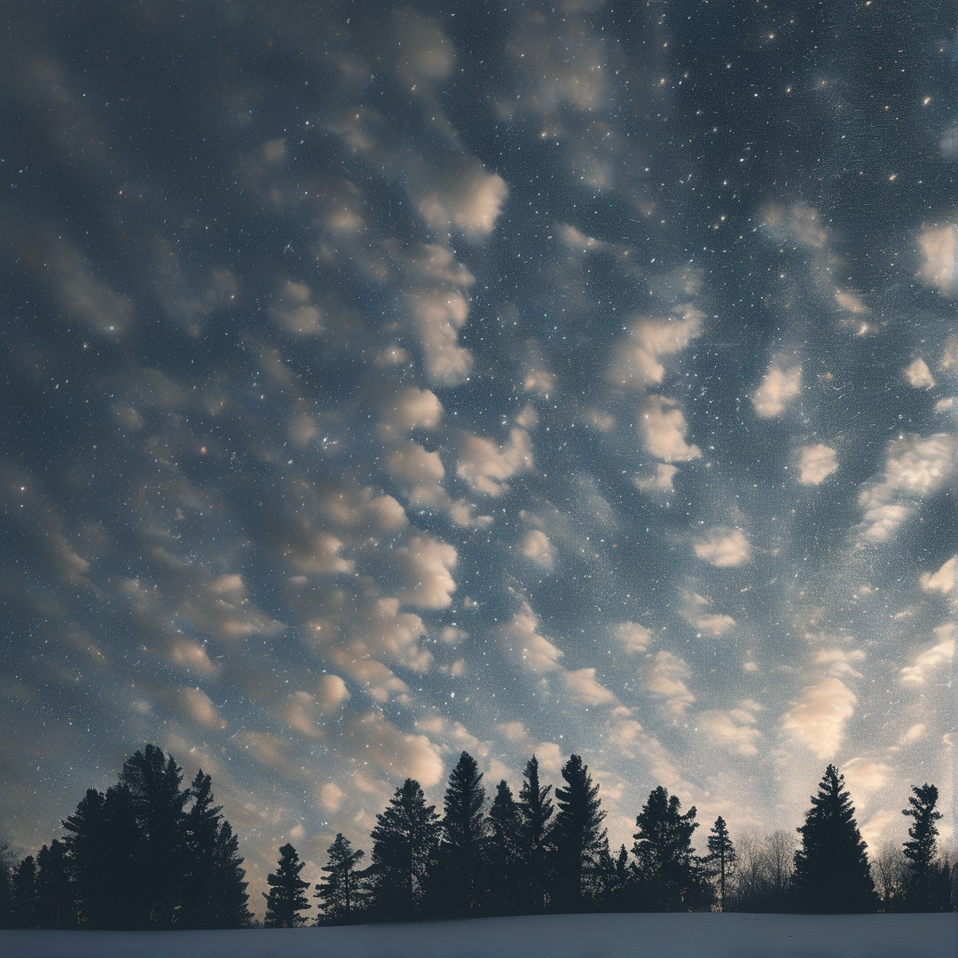 Silhouetted pine trees stand below a starry sky filled with scattered clouds and bright celestial lights.