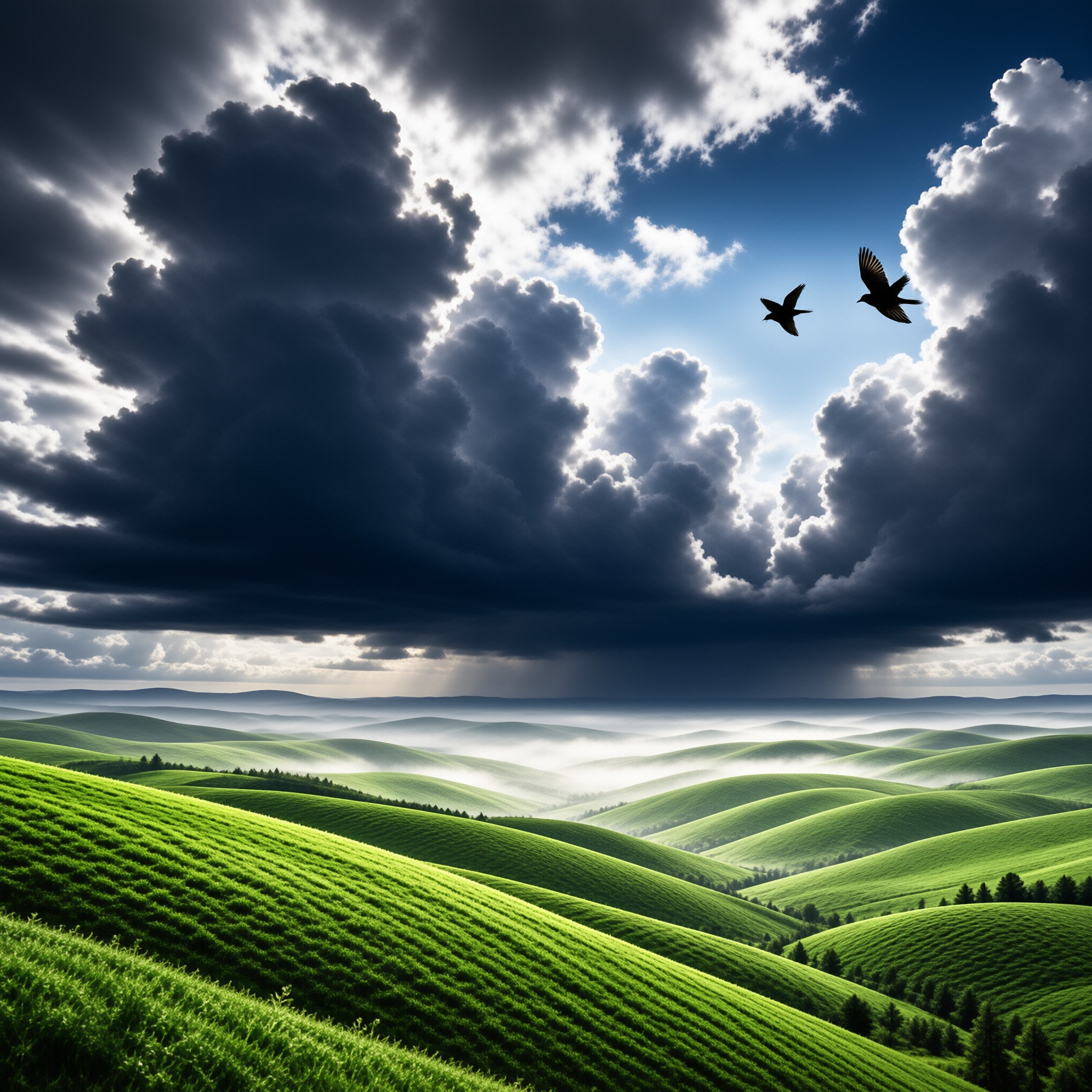 Bright emerald hills roll under a dramatic sky, where shafts of sunlight break through dark storm clouds over the valleys.