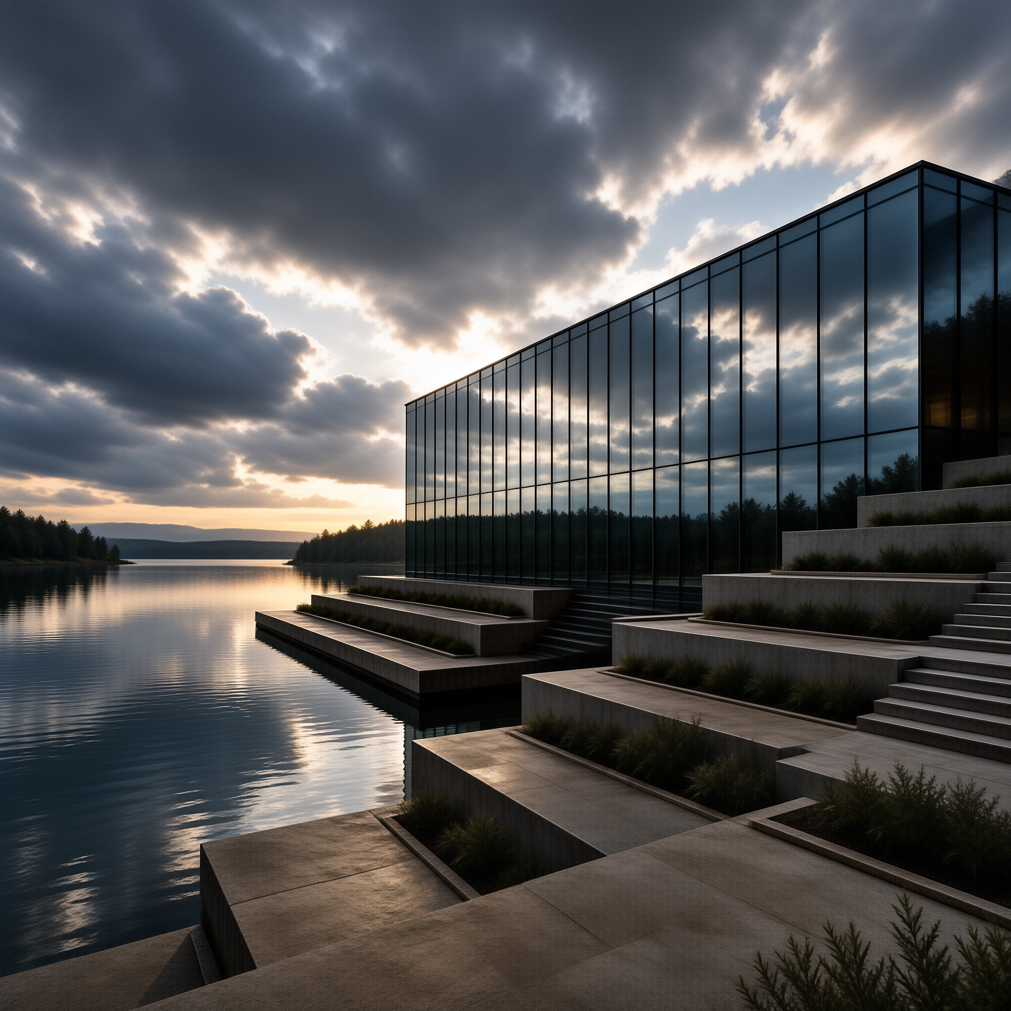 A sleek glass building rests on tiered stone platforms beside a calm lake under dramatic clouds.