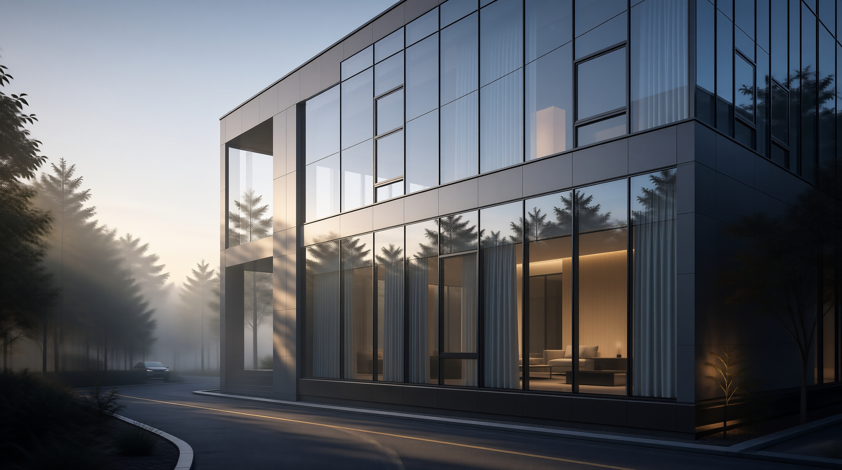 Modern Glass House at Dusk