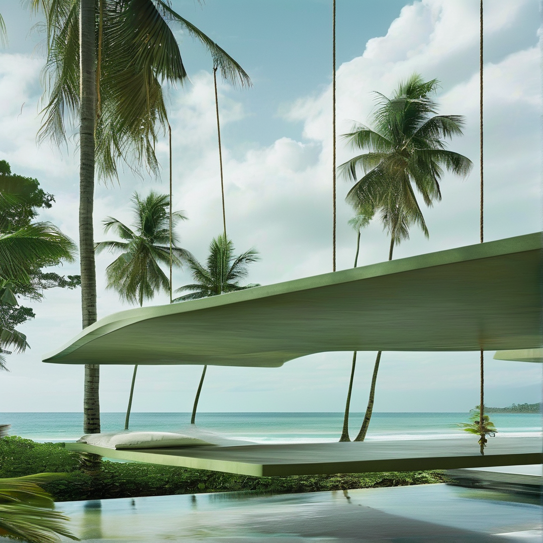 A large curved white structure hangs above lush greenery with coconut palms and a clear turquoise sea horizon.