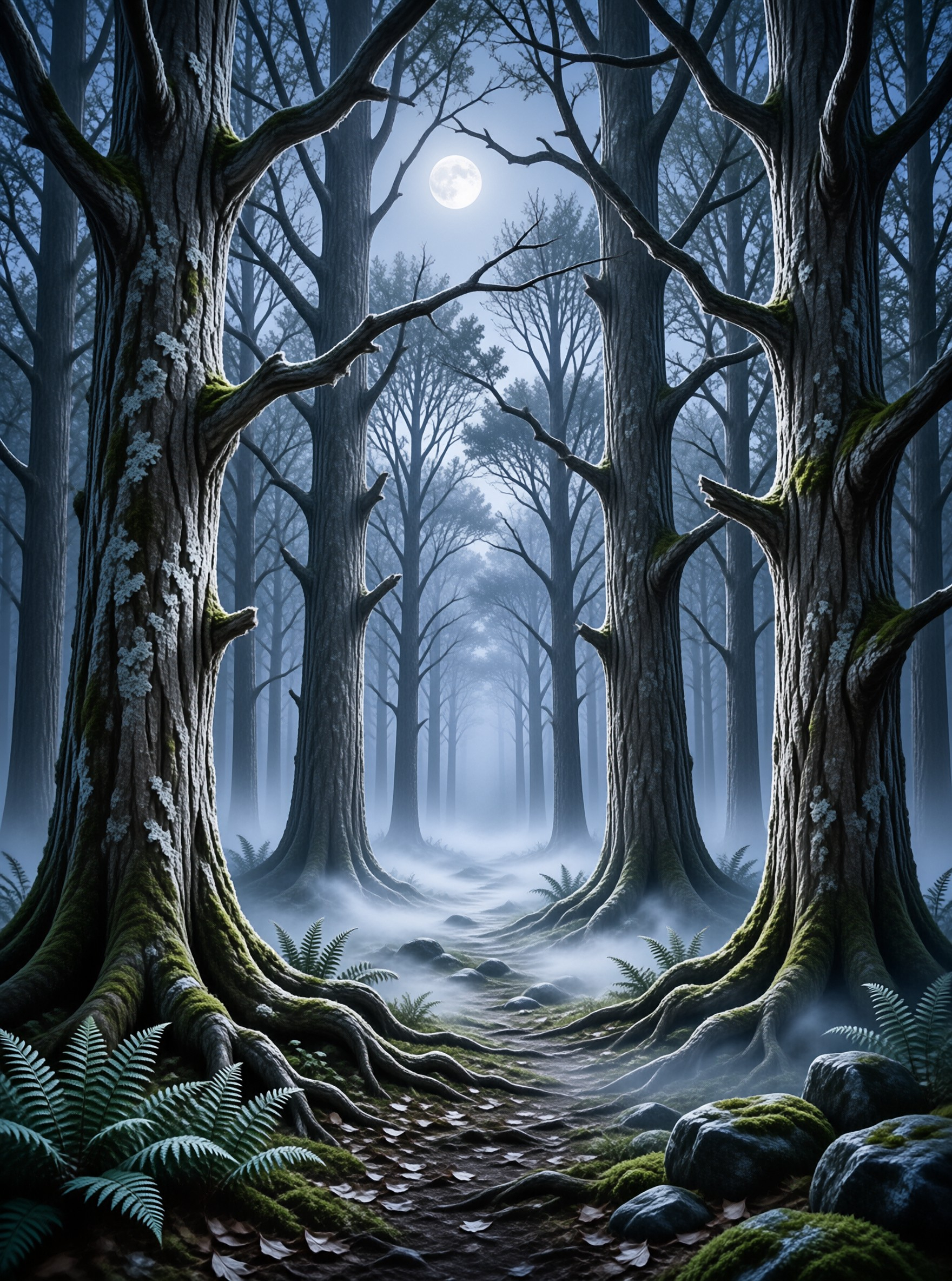 Tall bare trunks and mossy roots frame a fern-lined trail as the moon glows through deep blue woodland mist.