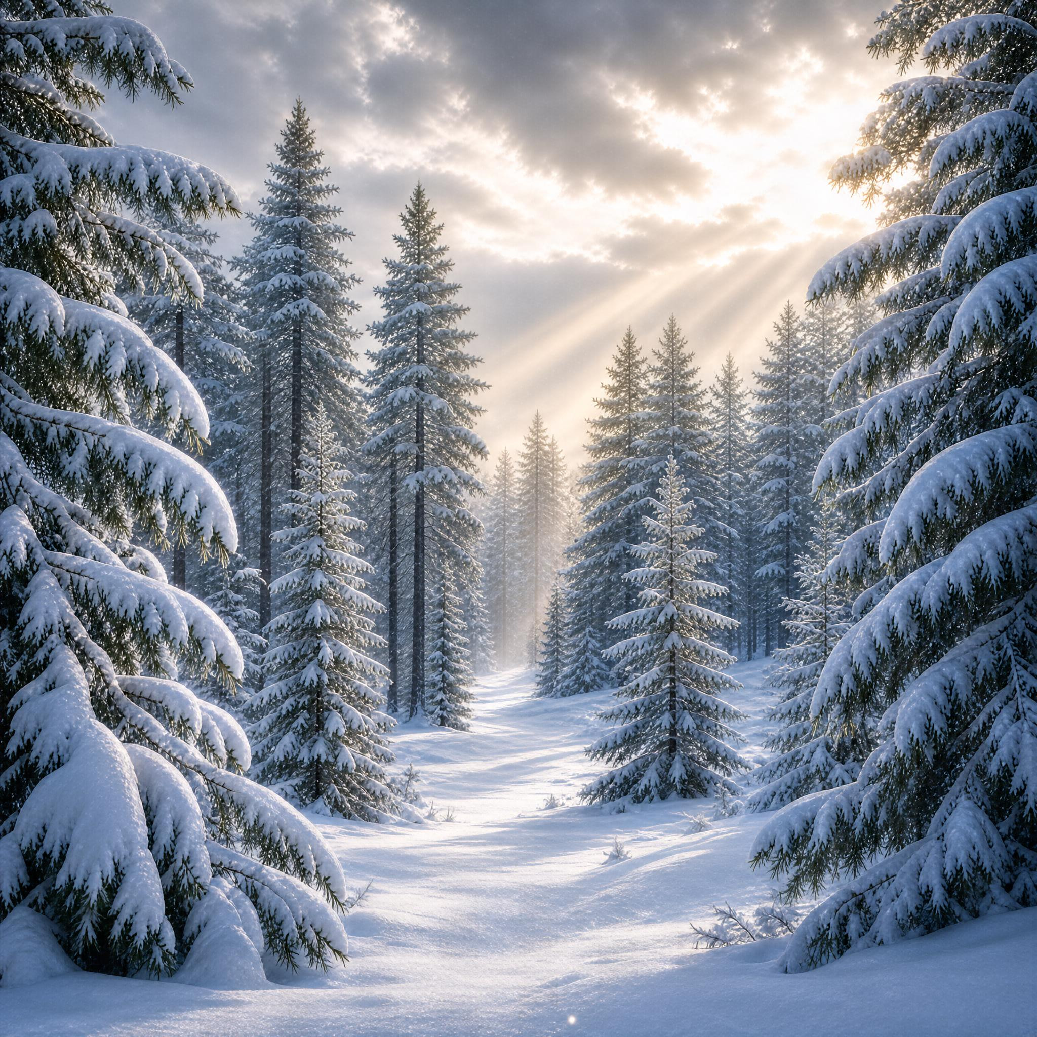 Sunlit Snowy Forest