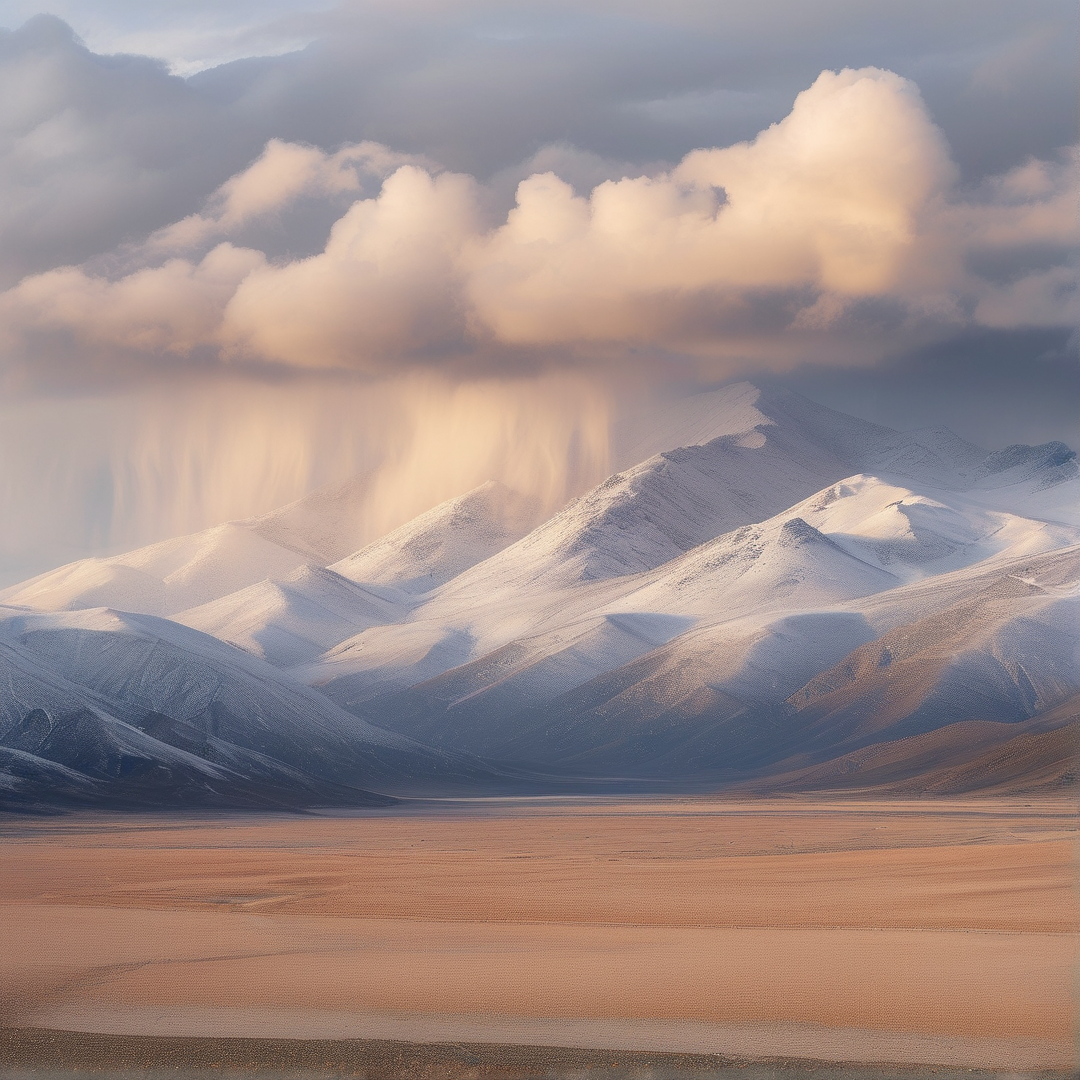 Sunbeams pour down from low clouds over snow-covered mountain ridges overlooking a vast flat sandy plain in warm golden light.