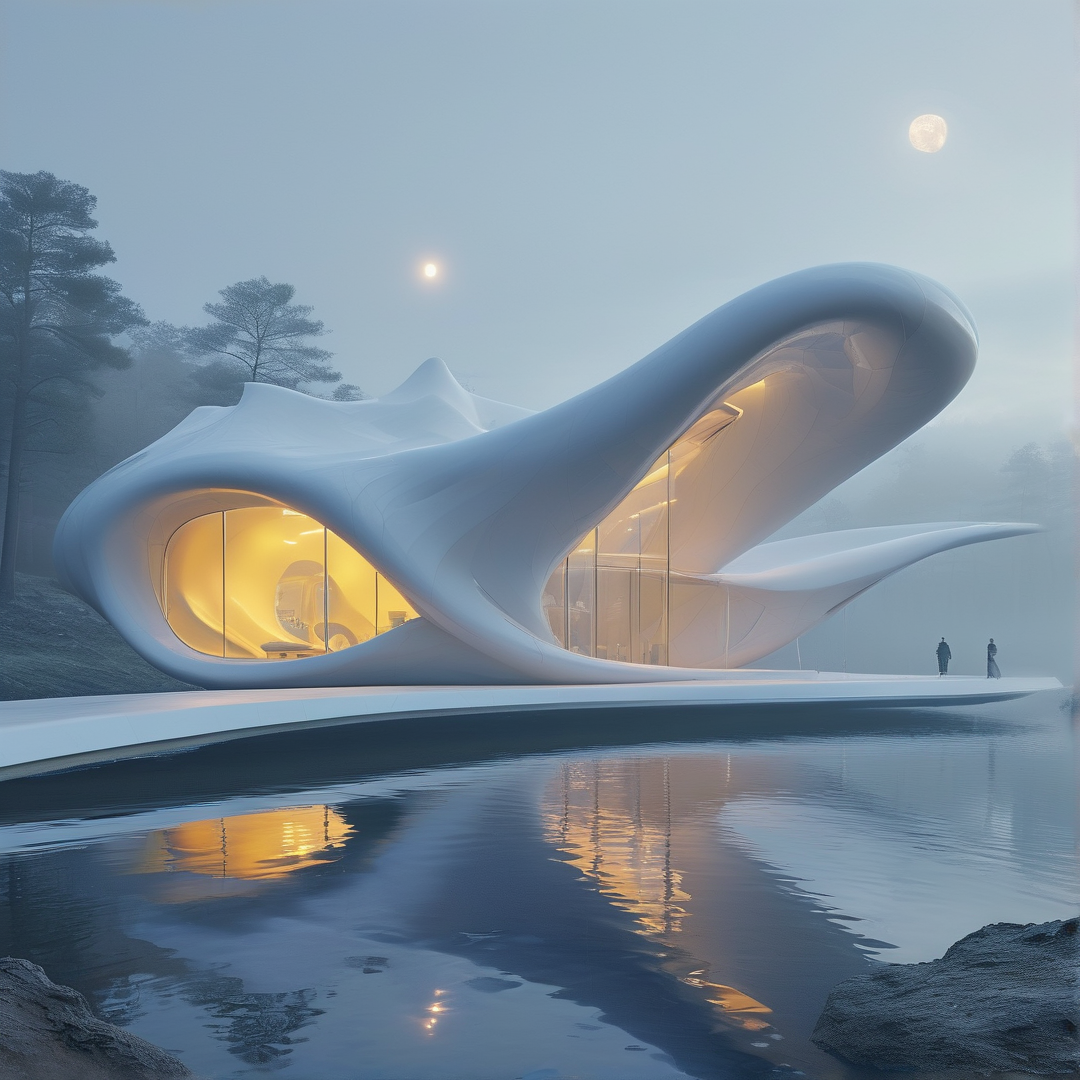 A sleek white curvilinear structure glows warmly near a calm lake surrounded by fog and pine trees