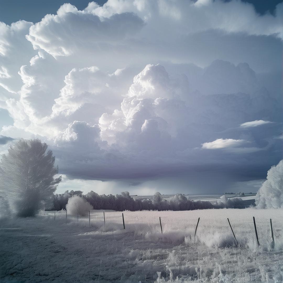 Rural landscape featuring a row of posts and luminous foliage under a heavy grey sky.