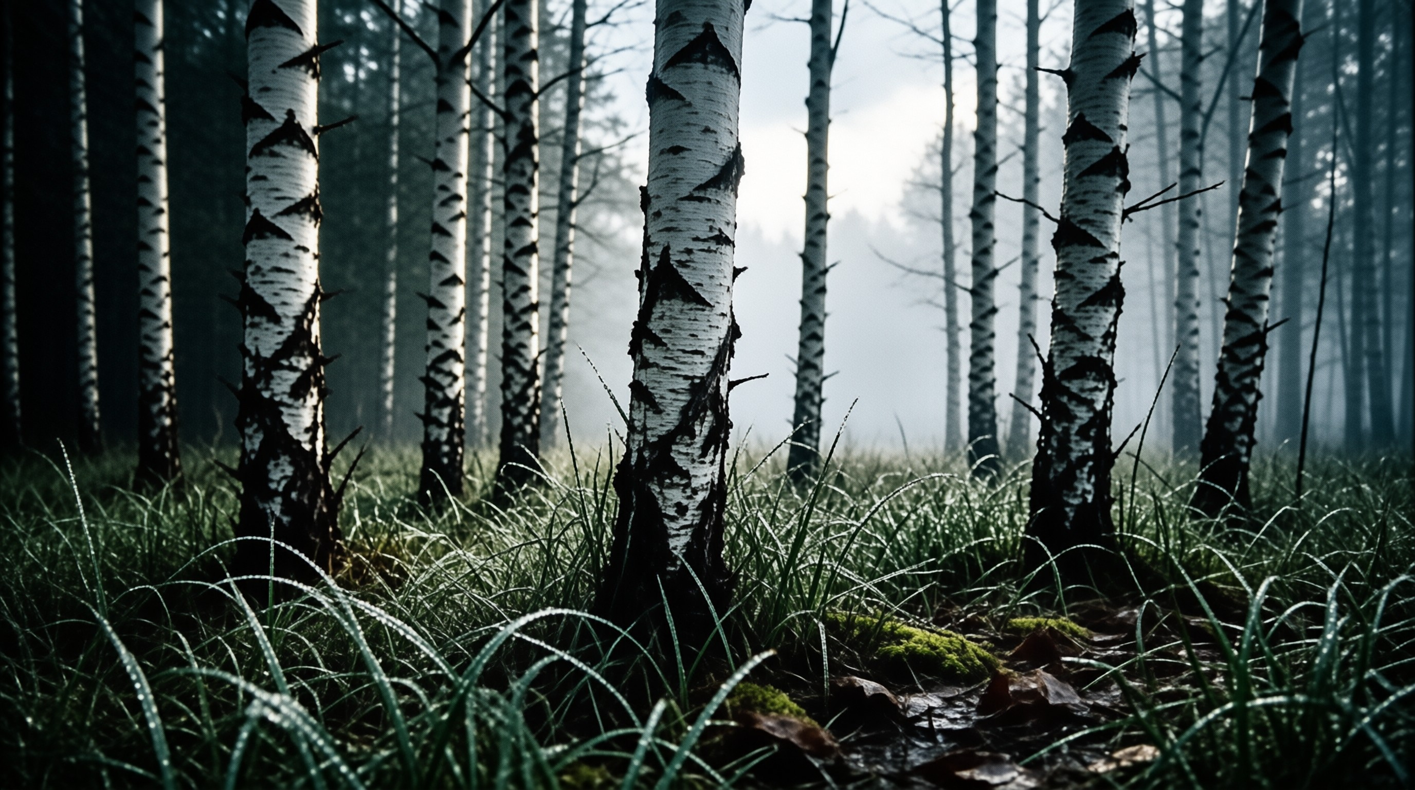White birch trunks stand above dewy grass blades while cool mist fills the background forest area.