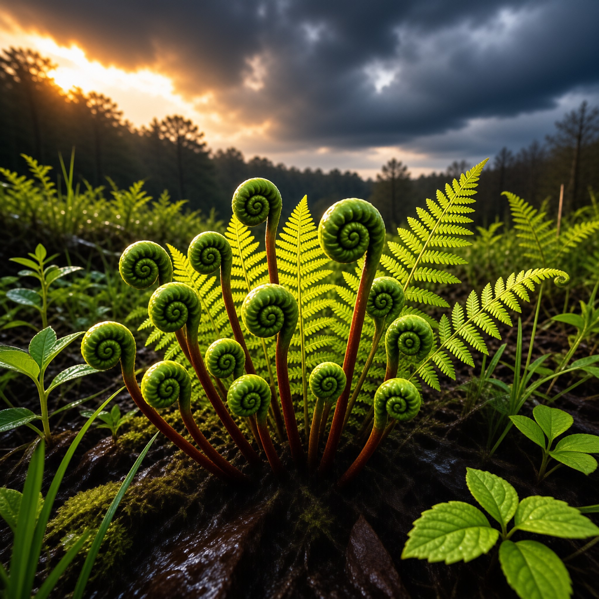 Young Ferns in Dramatic Light