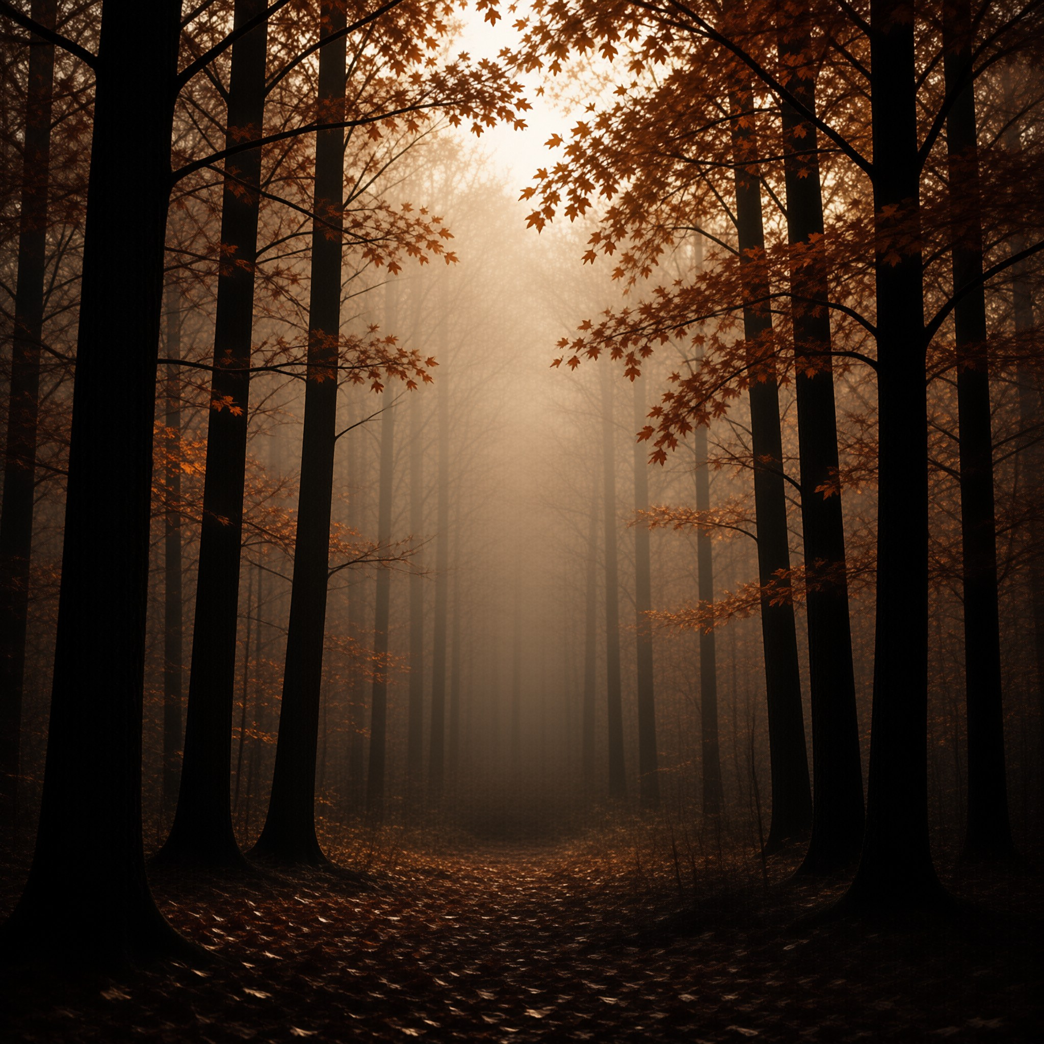 Dark trees line a leaf-covered path while sunlight filters through the fog creating a warm orange glow in the autumn forest.