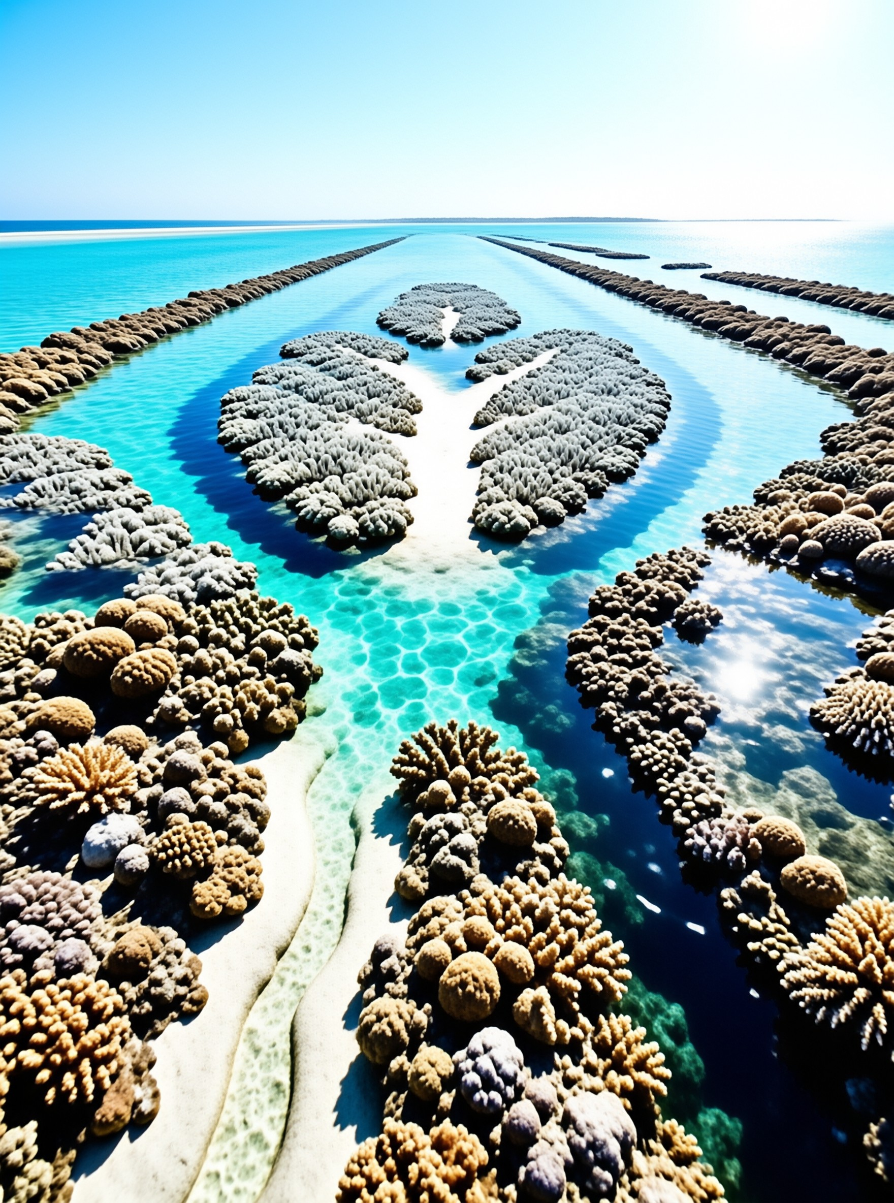 Seen from above, branching coral beds divide bright turquoise shallows into pale sandy pools