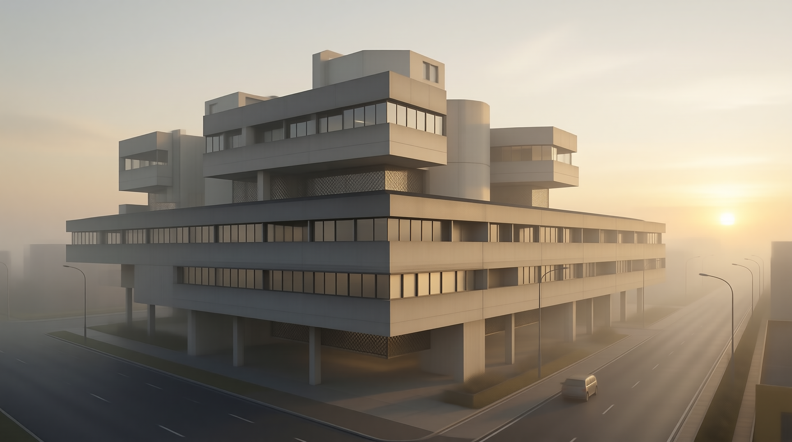 Brutalist Building at Sunrise