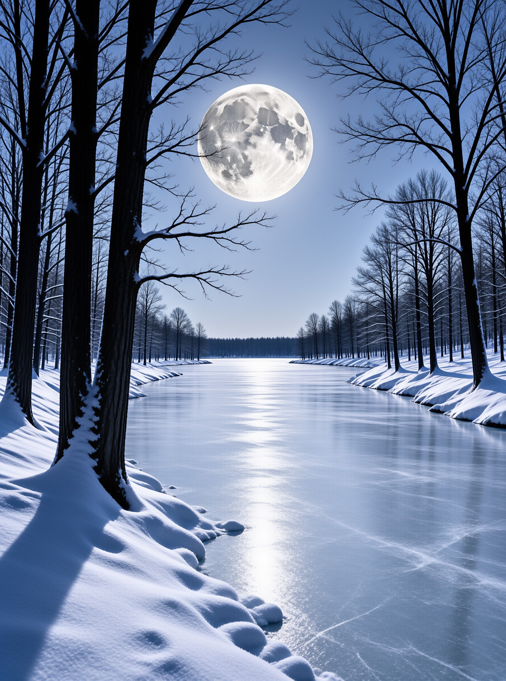 Moonlit Frozen River Scene