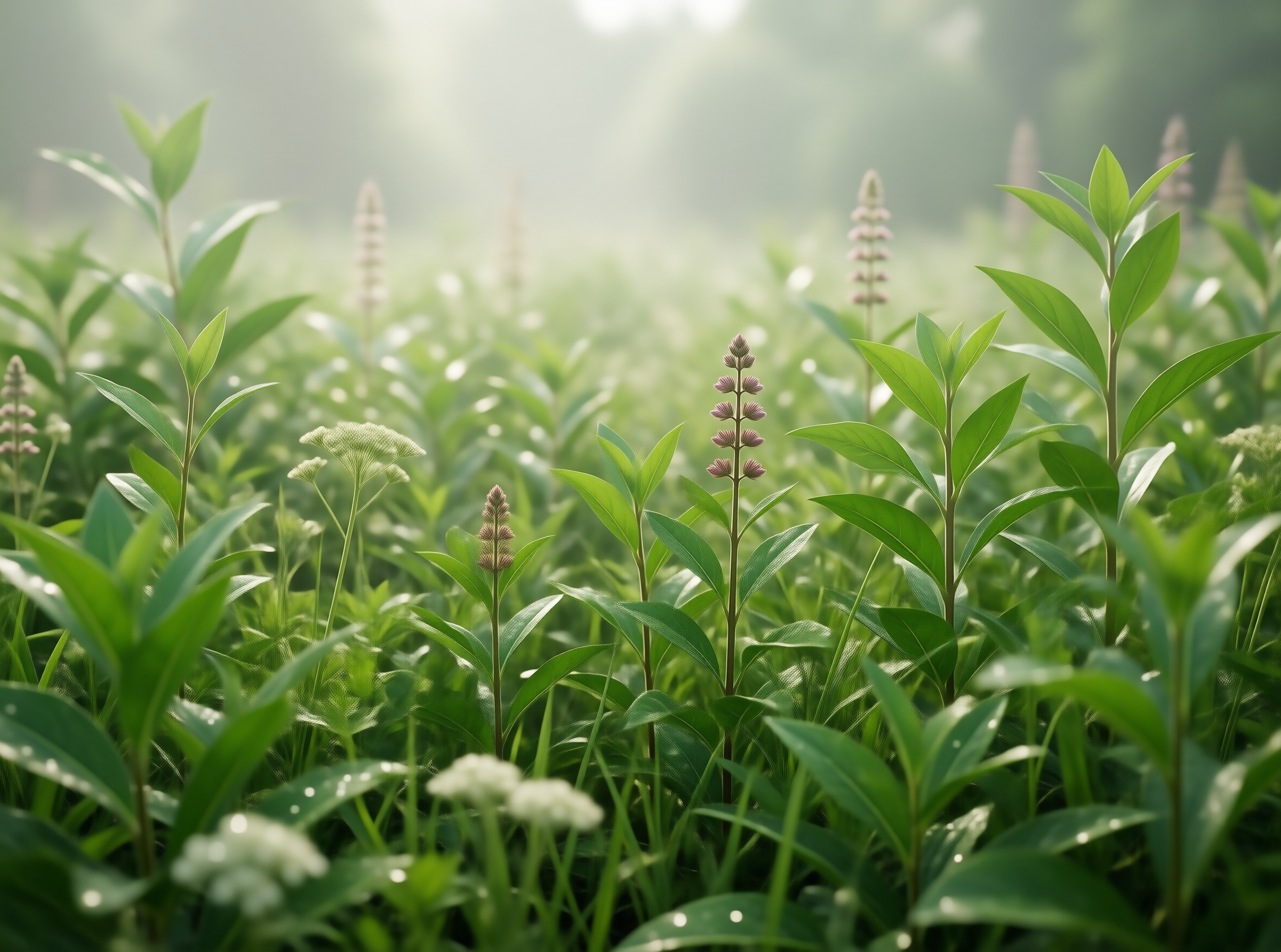 Misty Green Field with Flowers