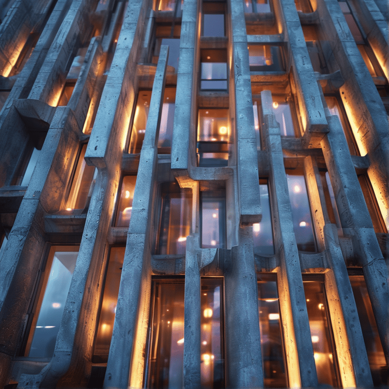 Vertical concrete beams framing warm glowing windows on a building facade.