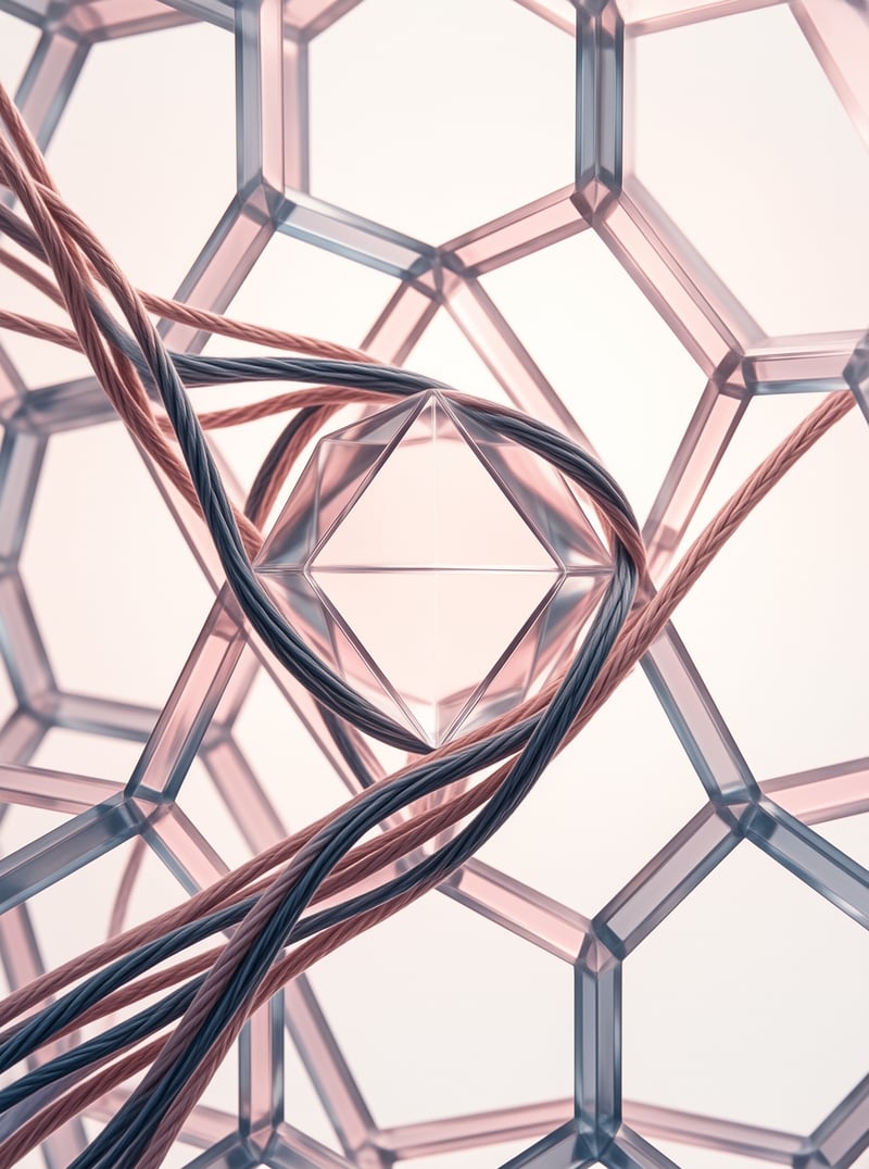 Translucent pink hexagons form a grid where brown and dark twisted cables weave around a central diamond shape.