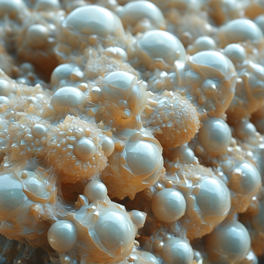 Glossy white orbs cluster tightly inside a rough golden amber matrix with soft lighting on their curves.