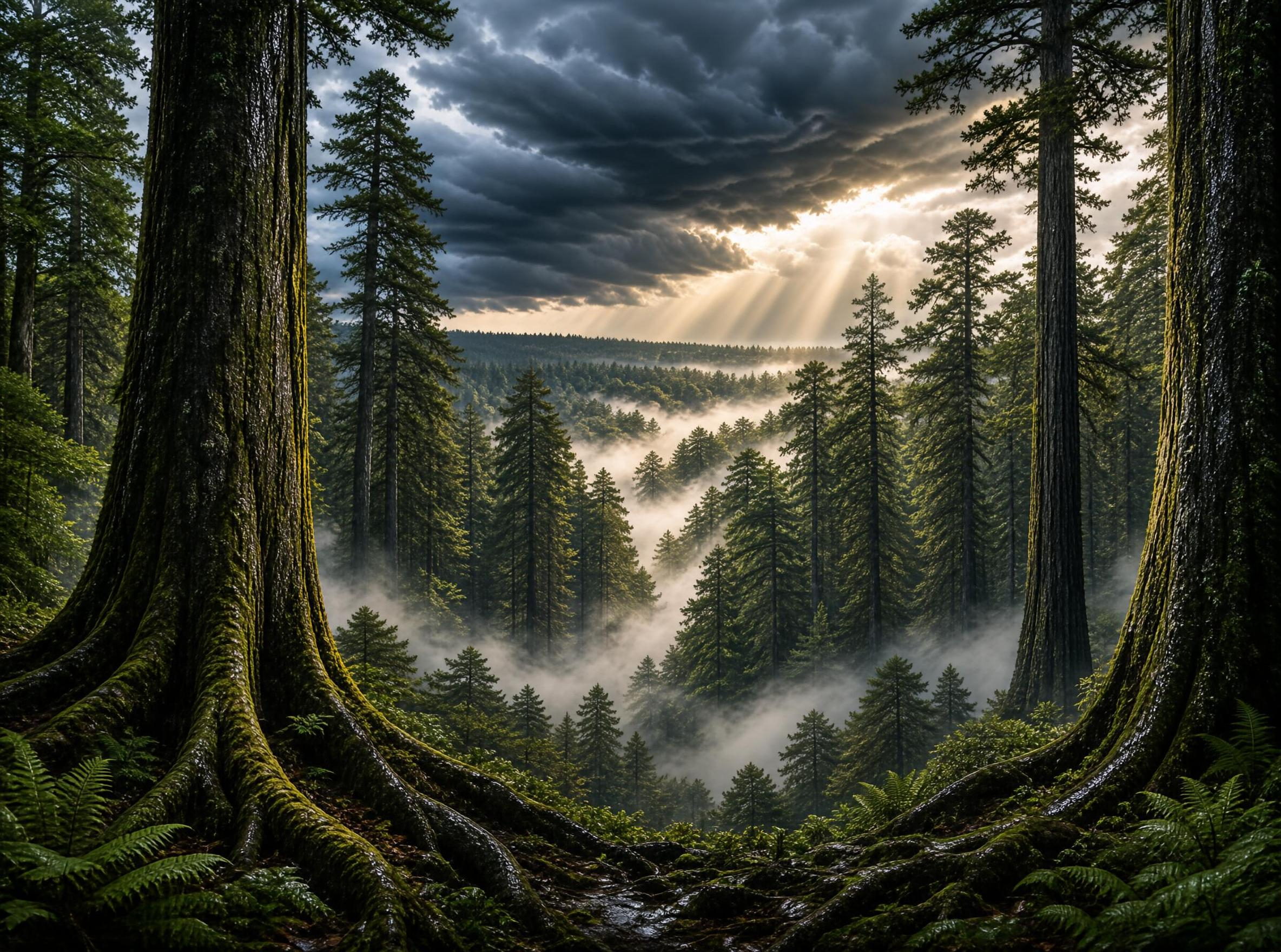 Misty Forest with Sunbeams