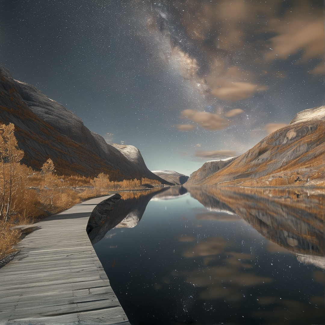 A long wooden pier extends into a glassy lake reflecting a starry sky above mountains with orange autumn foliage.
