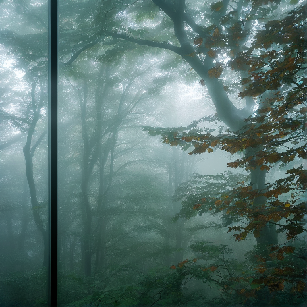 Mist drifts between slender tree trunks as seen from inside a room through a floor to ceiling window.