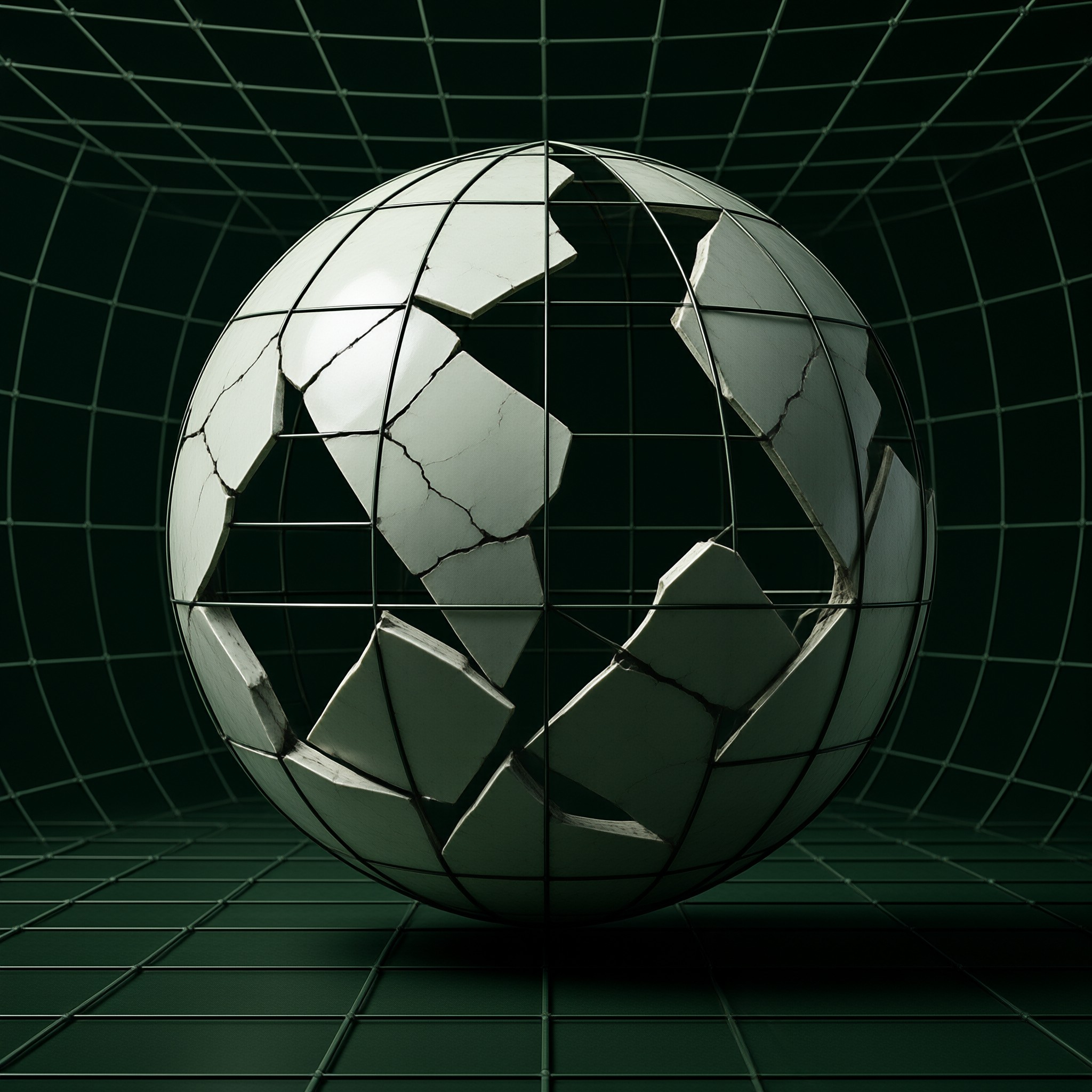 A fractured white sphere of broken tiles rests inside a thin wireframe globe, set in a dim room lined with a green grid.