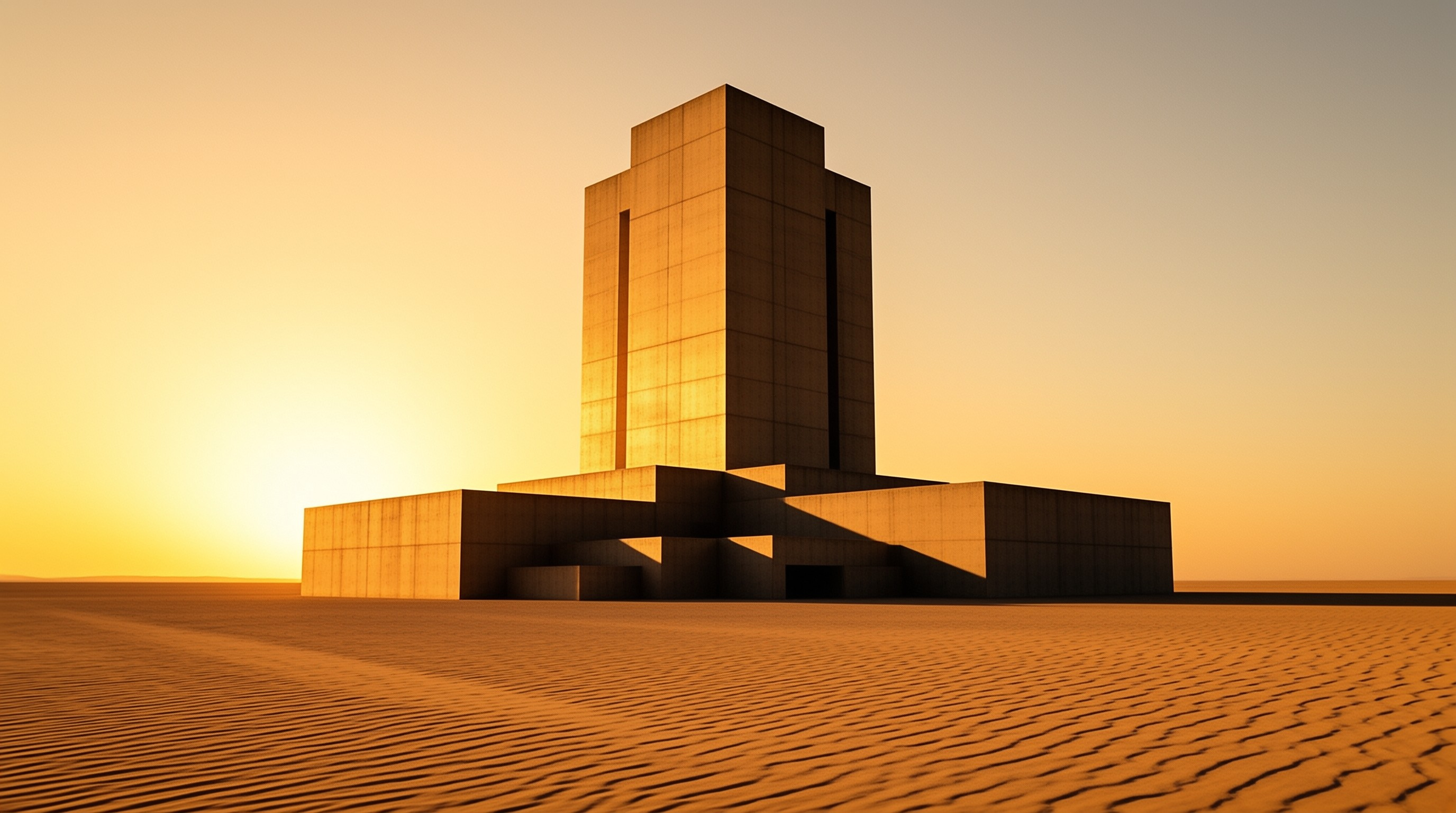 A minimalist concrete structure rises from rippled sand dunes bathed in the warm glow of a setting sun.
