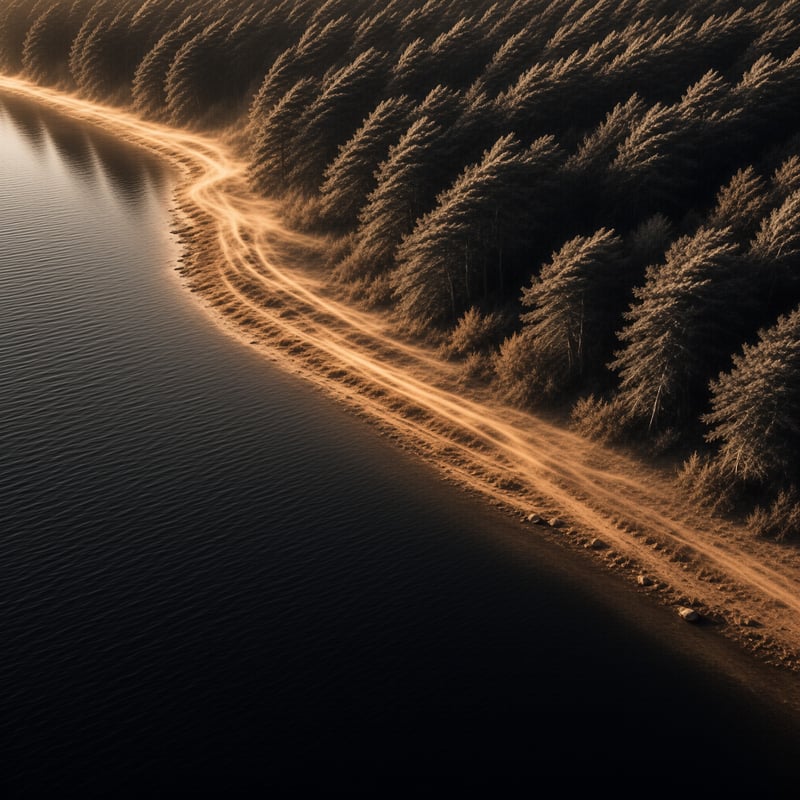 Aerial view of a curved dirt road beside a calm lake surrounded by dense evergreen forest bathed in warm golden sunlight