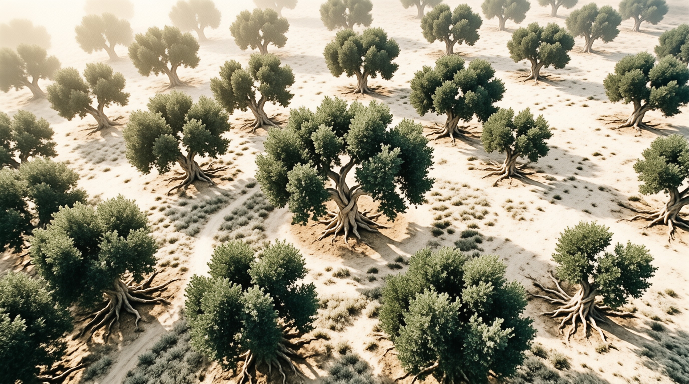 Aerial view of green trees with thick exposed roots scattered across pale sandy ground under bright sunlight casting long shadows.