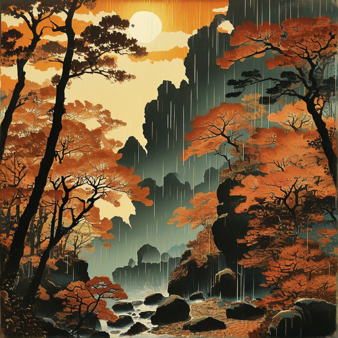 Landscape with fiery foliage surrounding dark peaks while rain streaks fall beneath a large pale orb.