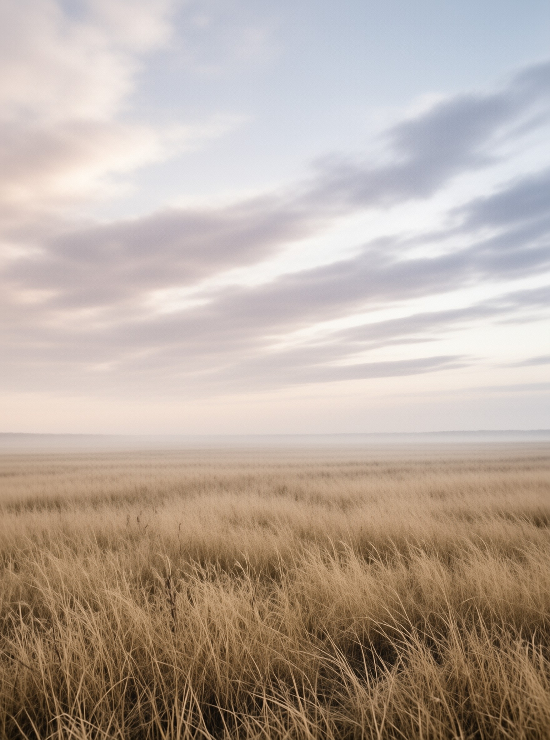 A vast expanse of dry brown vegetation covers the ground while a foggy horizon meets a pastel cloudy sky.
