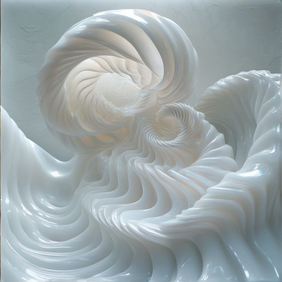 A smooth glossy white sculpted flowing abstract shape sits against a pale textured wall lit by soft even studio light