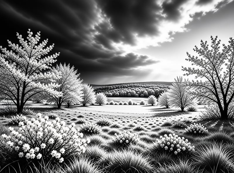 A high contrast black and white photograph shows a field of flowering trees under a dramatic sky with heavy dark clouds on the left and bright light breaking through on the right.