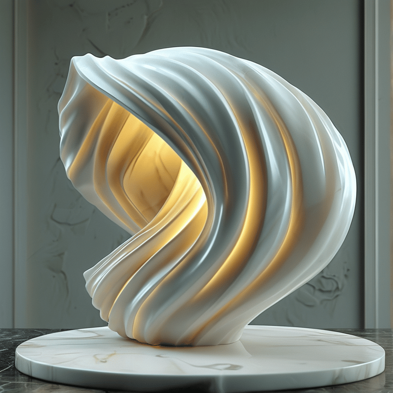 A white twisted sculpture with internal golden lighting rests on a circular marble base against a neutral textured wall.