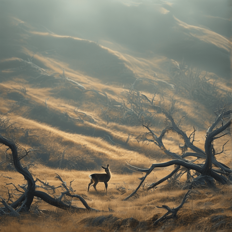 A deer stands on a misty golden hillside surrounded by twisted dead trees and soft hazy light.