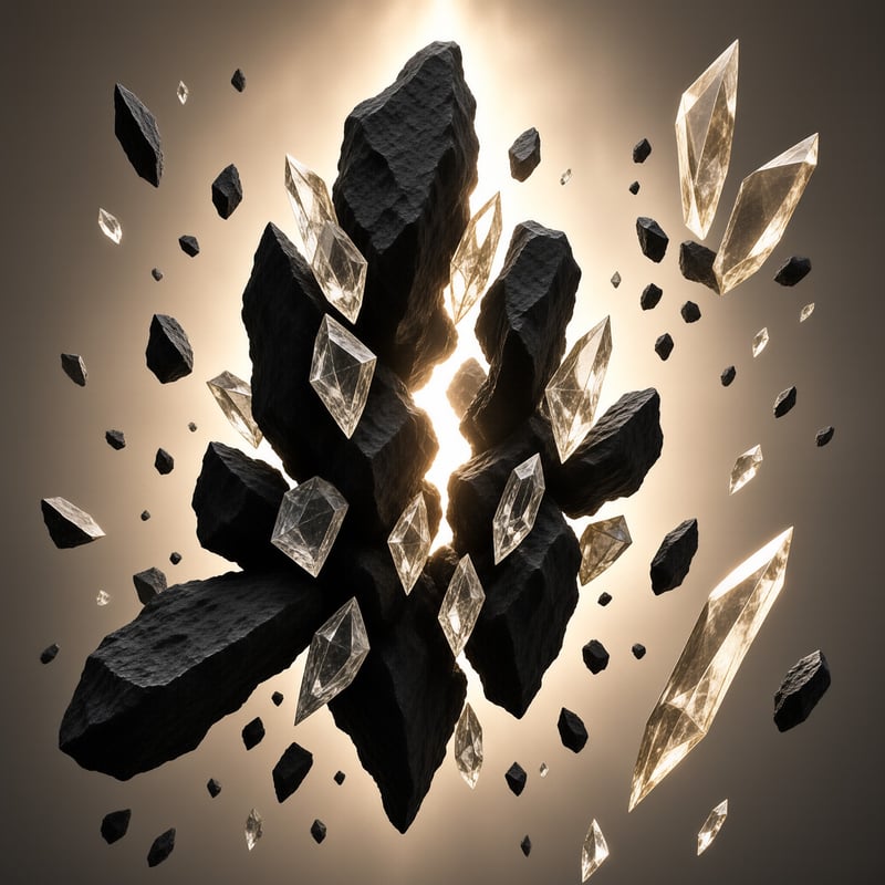 Dark jagged rocks and glowing transparent crystals burst outward from a bright central light source.