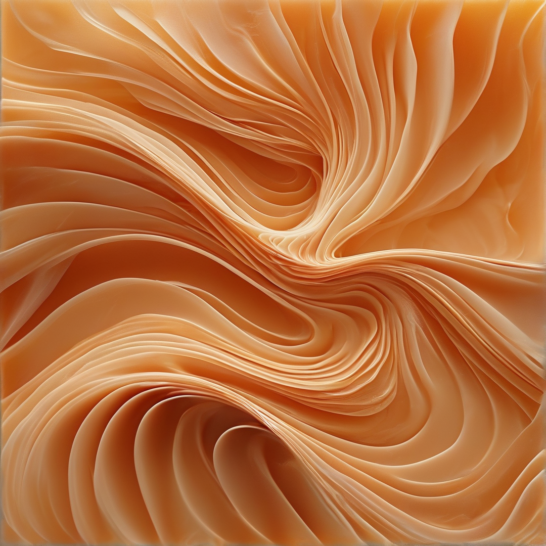 Pale orange liquid folds into layered flowing curves with soft gradient light shifting across its glossy surface