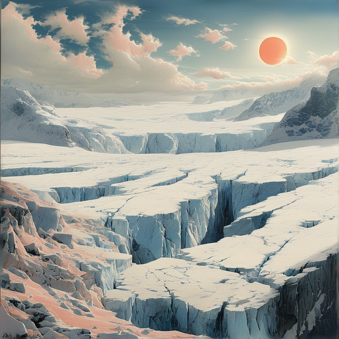 A vast expanse of fractured ice stretches across the valley floor while a large orange sun hangs low in the cloudy sky.