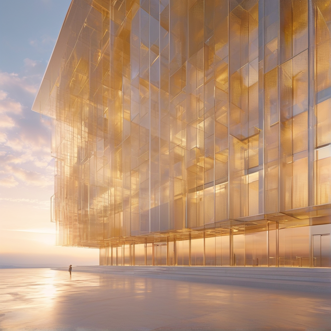 A massive golden glass facade reflects the setting sun onto a smooth concrete plaza where a lone figure stands.