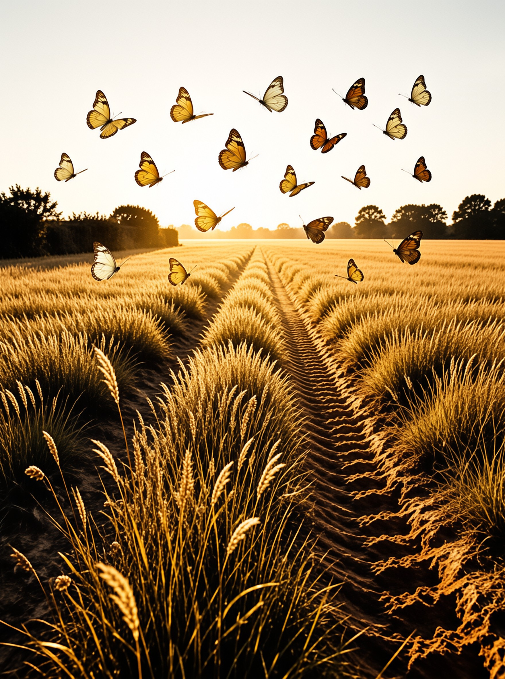 A flock of orange and white butterflies flies above rows of ripe wheat bathed in warm golden sunlight during sunset.