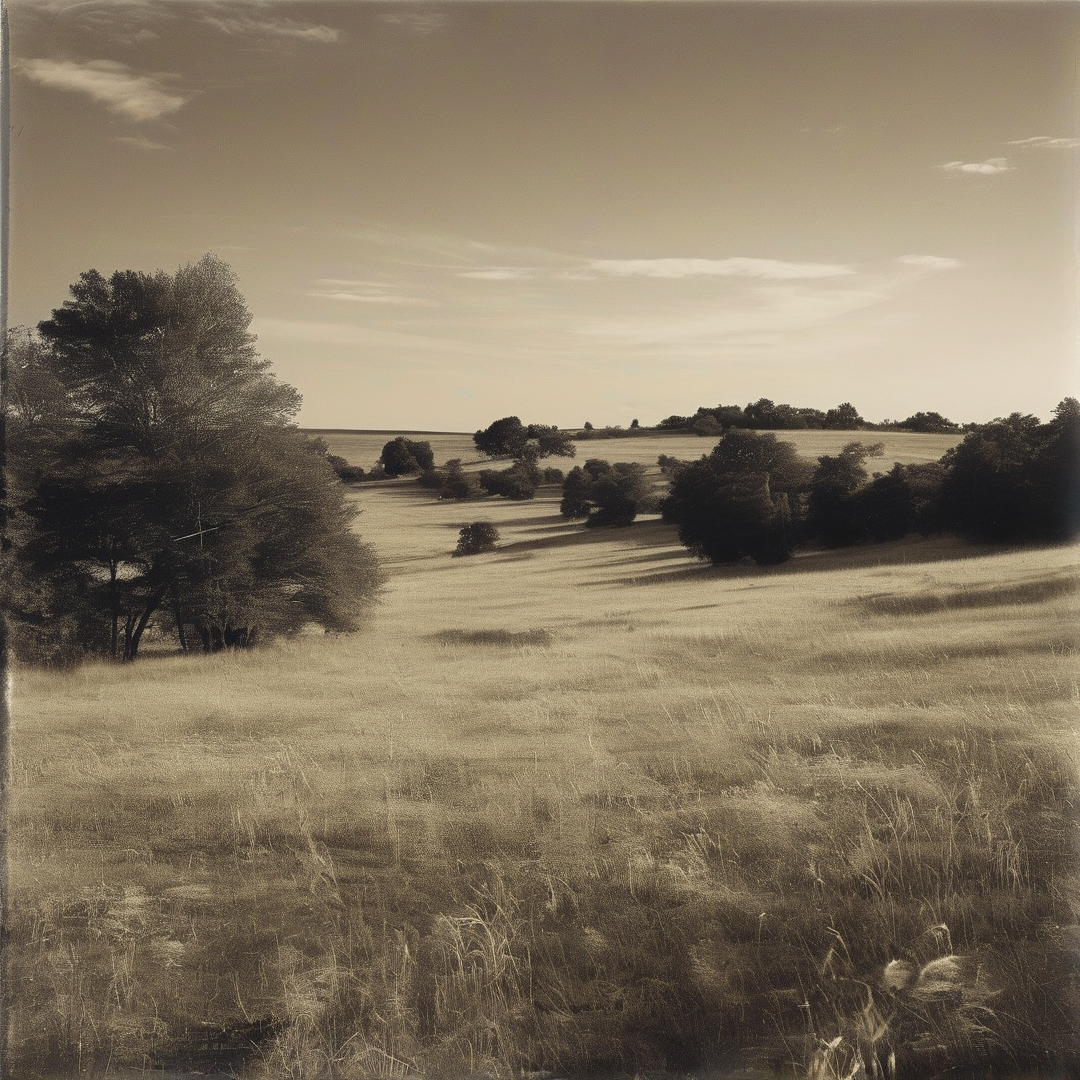 Sepia toned view of rolling grasslands scattered with dark woody trees under a pale soft overcast sky