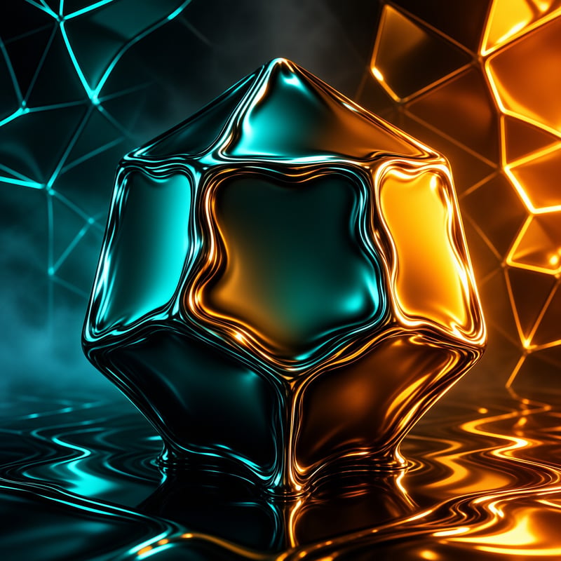 A molten metal star-shaped solid reflecting cyan and orange light above a rippling mirrored floor.