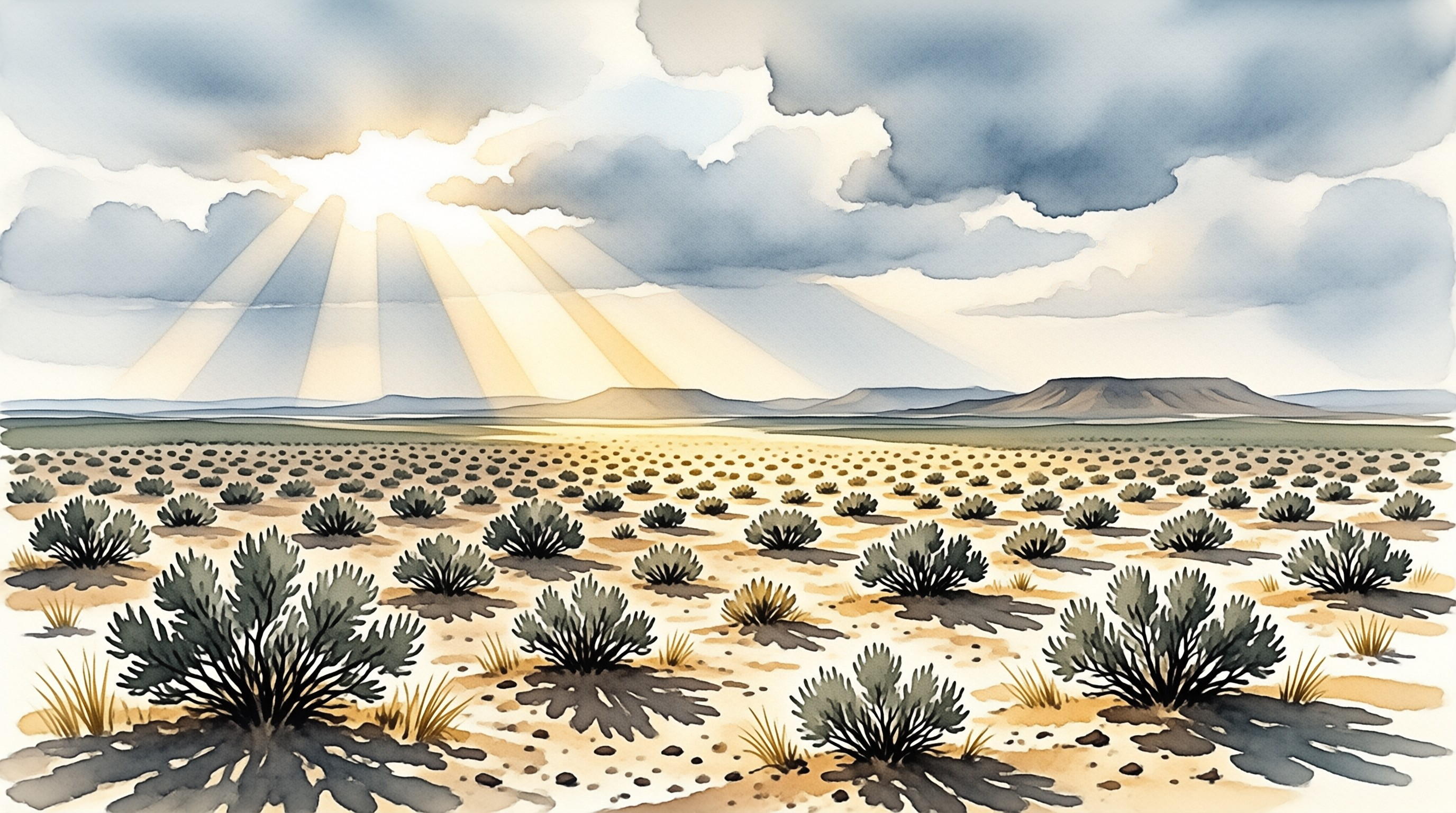 Pale rays fan from a bright cloud over low desert bushes in a loose watercolor landscape