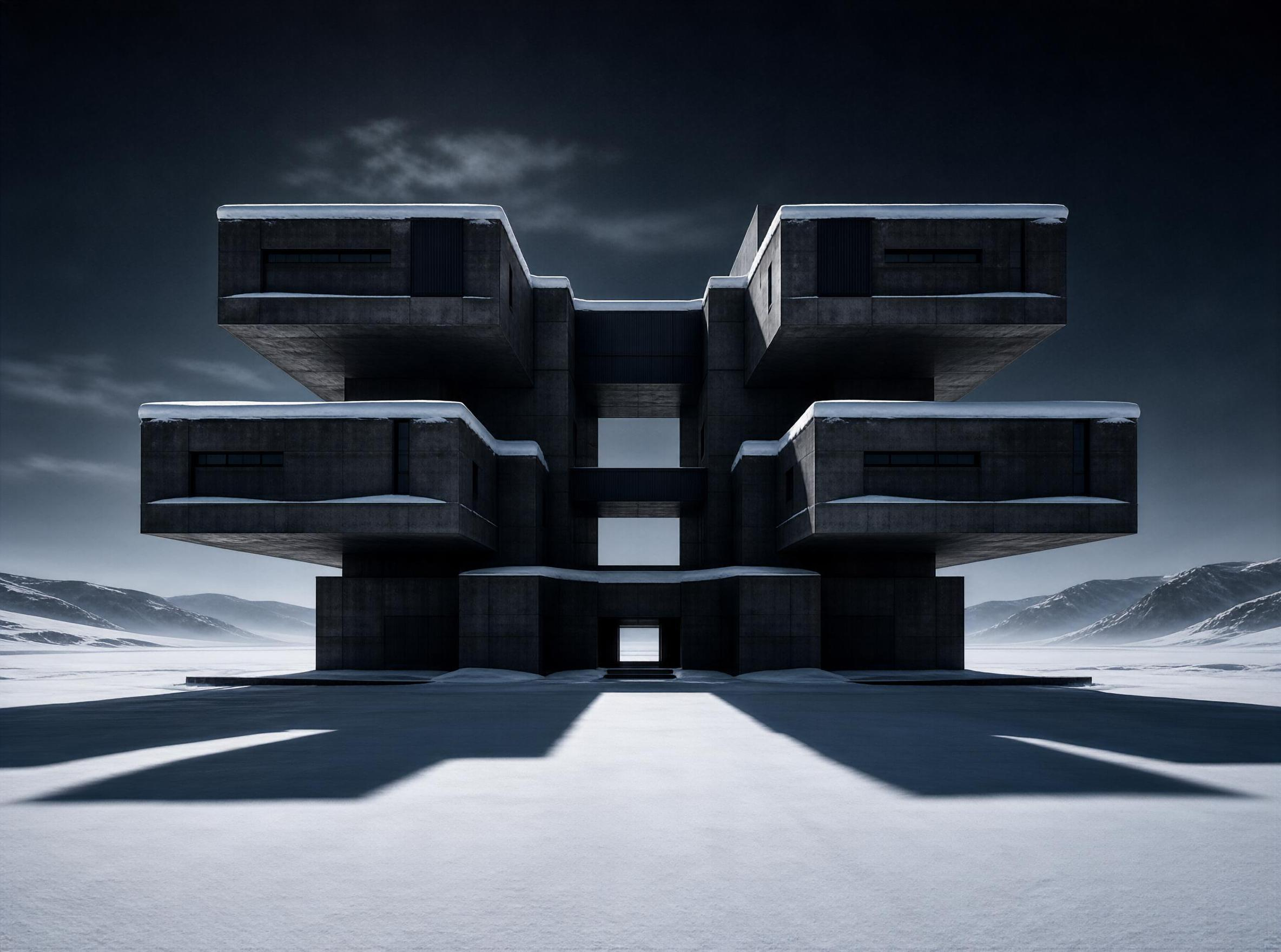 Modern Concrete Building in Snowy Landscape